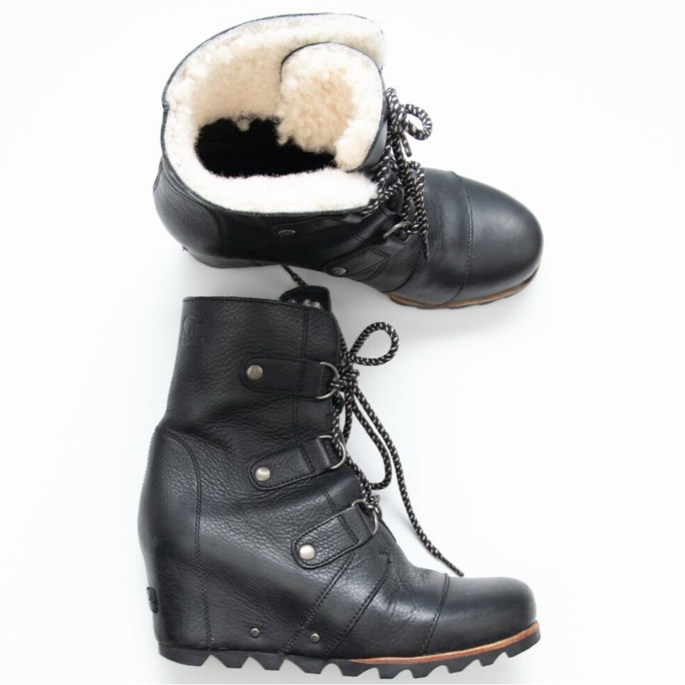 Sorel Joan Of Arctic Wedge Mid Shearling Boots Leather Waterproof Black Size 9
